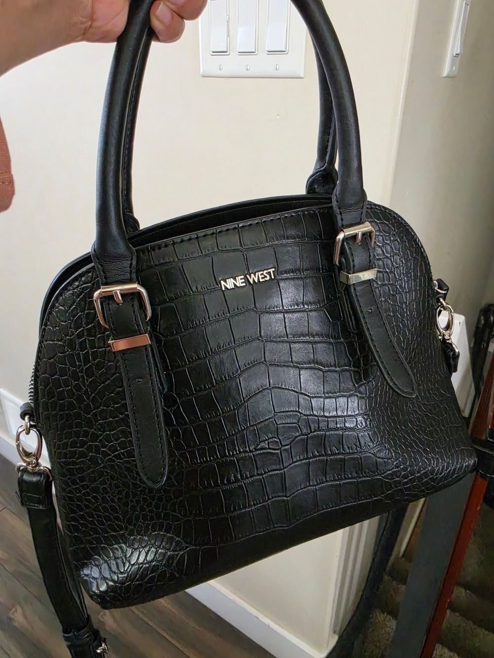 Nine West Black Croc Embossed Dome Satchel Medium